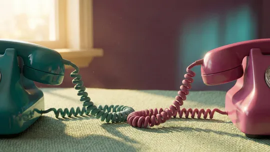 Vintage teal and magenta rotary telephones with intertwined cords on a sage surface, symbolising two-way communication in the double empathy problem.