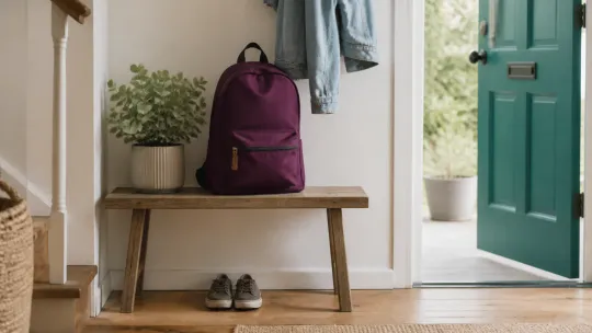 Packed school bag and jacket by a teal front door, daily routines used to build independence through prompting.
