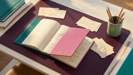 Teal and magenta paper documents and notebooks arranged on a plum surface with warm light, representing the data-gathering process in Functional Behaviour Assessment.