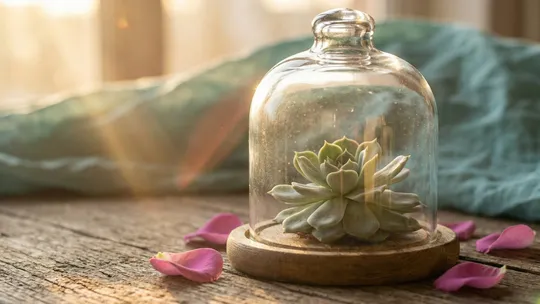 Succulent under a protective glass cloche with scattered magenta petals on a wooden surface, representing selective and careful acceptance of referrals.